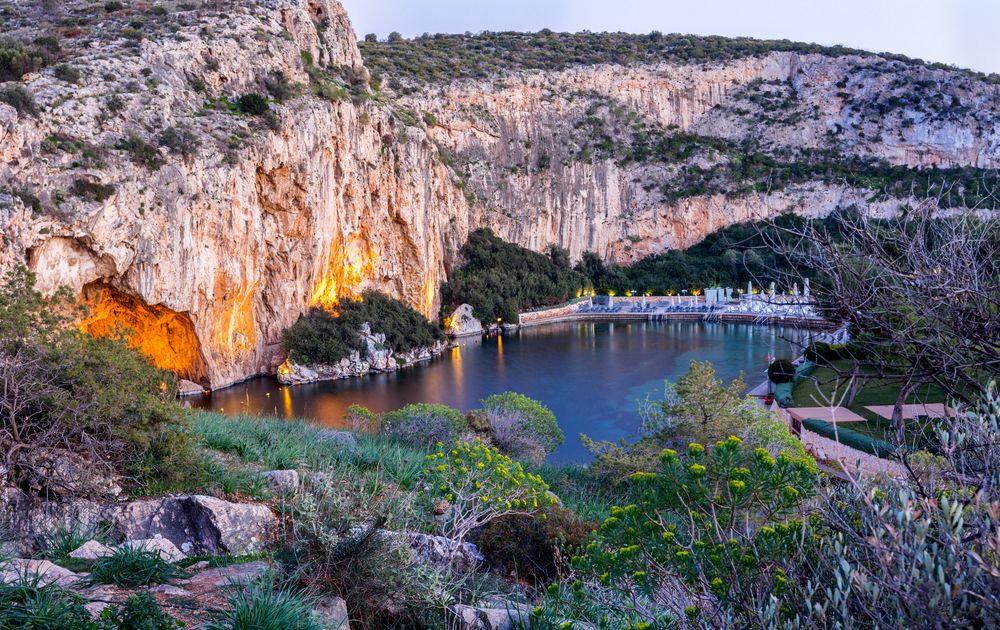 Vouliagmeni lake in Attica surrounded by impressive cliffs