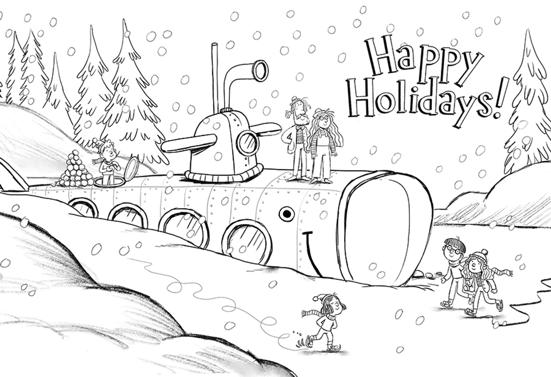 Festive Colouring-In Image of Grandude's Green Submarine
