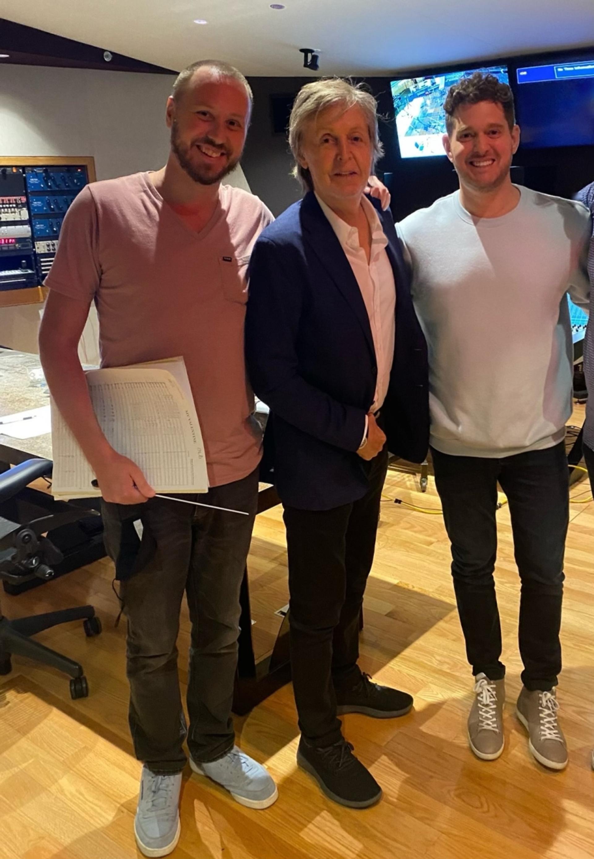 Photo of Paul McCartney and Michael Bublè in the studio during the recording of his 'My Valentine' cover.