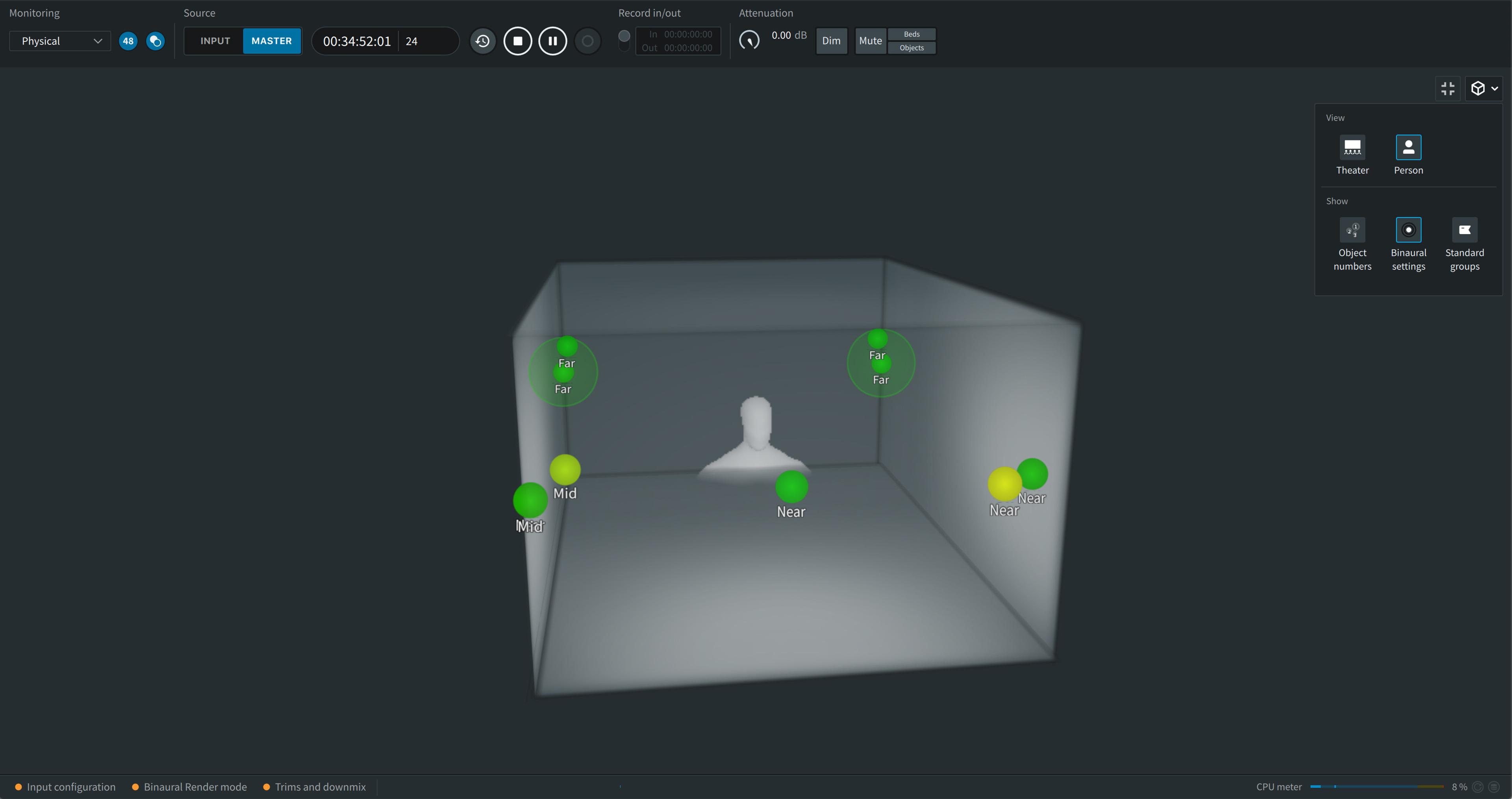 Screenshot of the Atmos mixing software, which allows you to place tracks into a 3D environment to create the ATMOS mix.