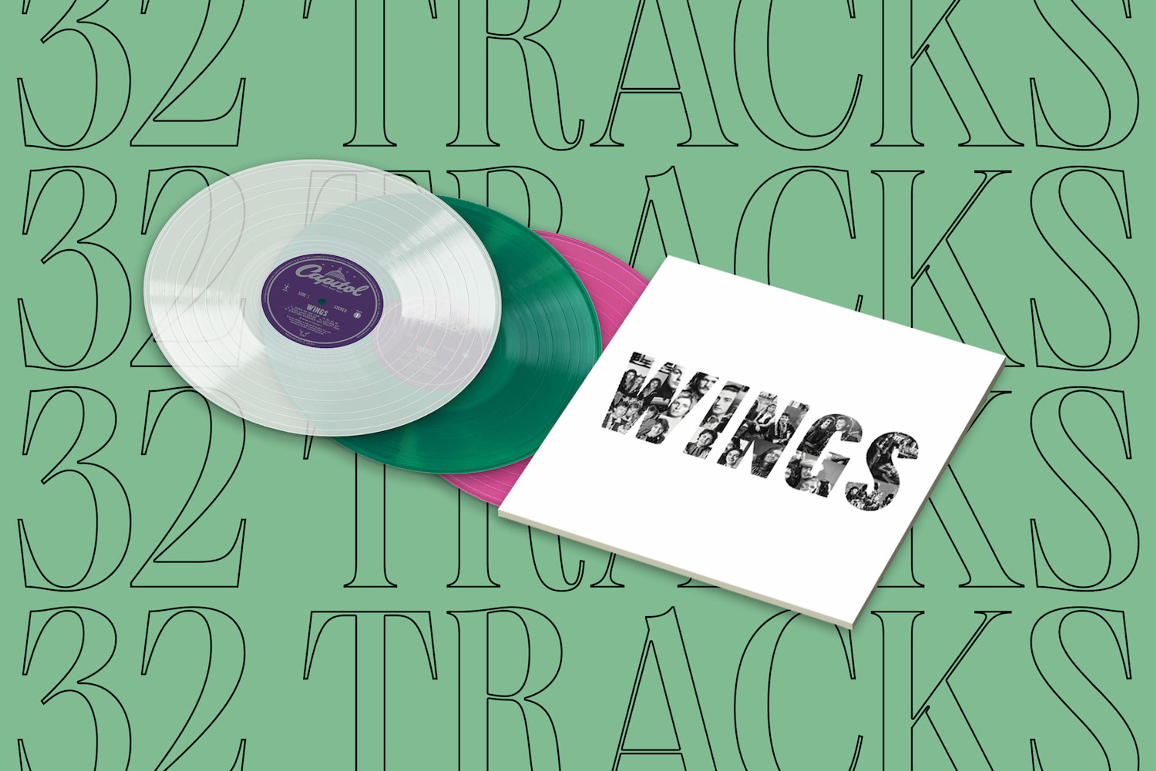 Graphic featuring the self‑titled “Wings” compilation on vinyl, shown as a special‑edition release. Bold graphic text reading “32 tracks” repeated in the background behind the vinyl.