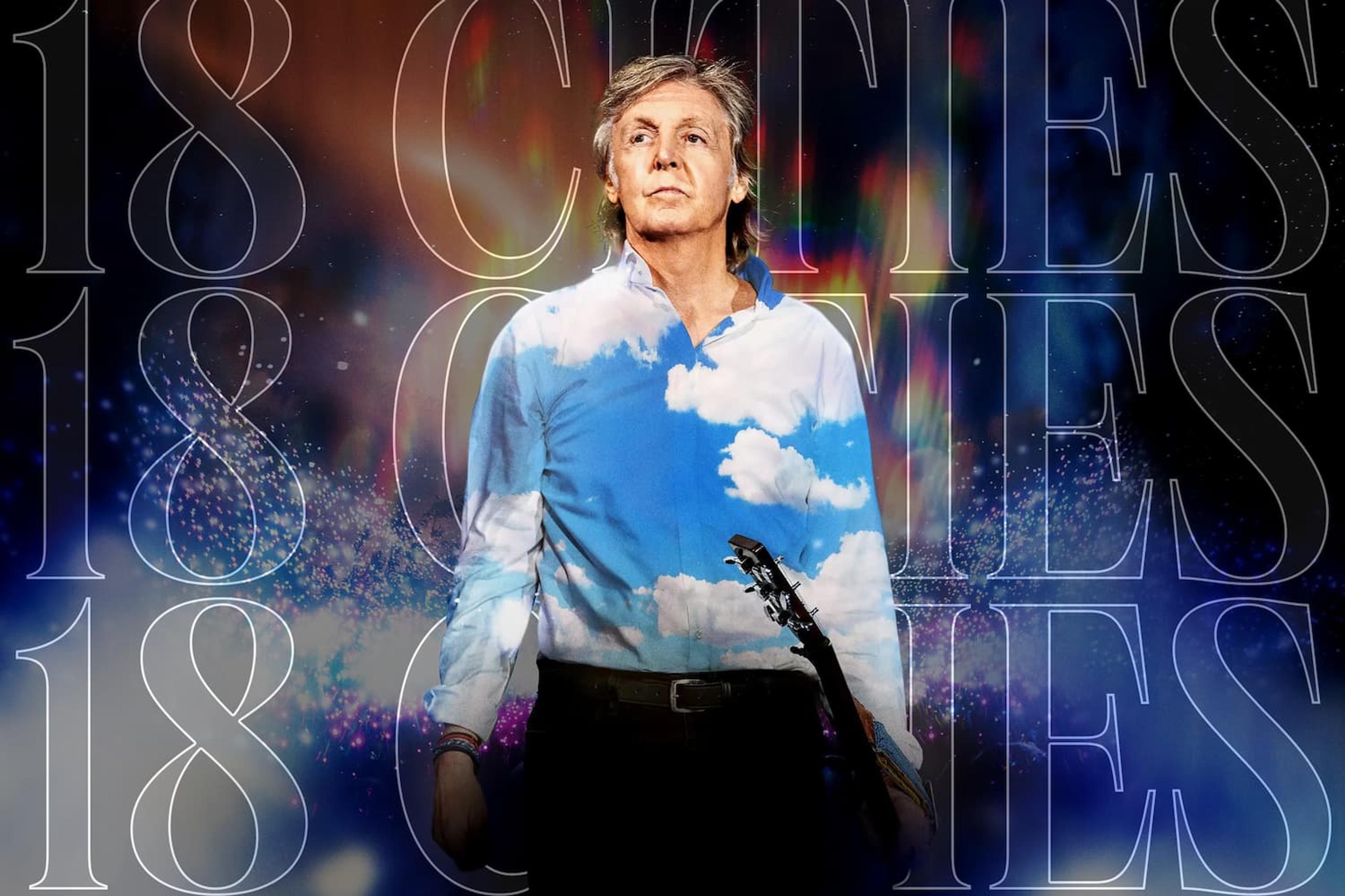 Graphic with the GOT BACK TOUR 2025 poster and a cut‑out of Paul McCartney, with “18 cities” repeated in the background.