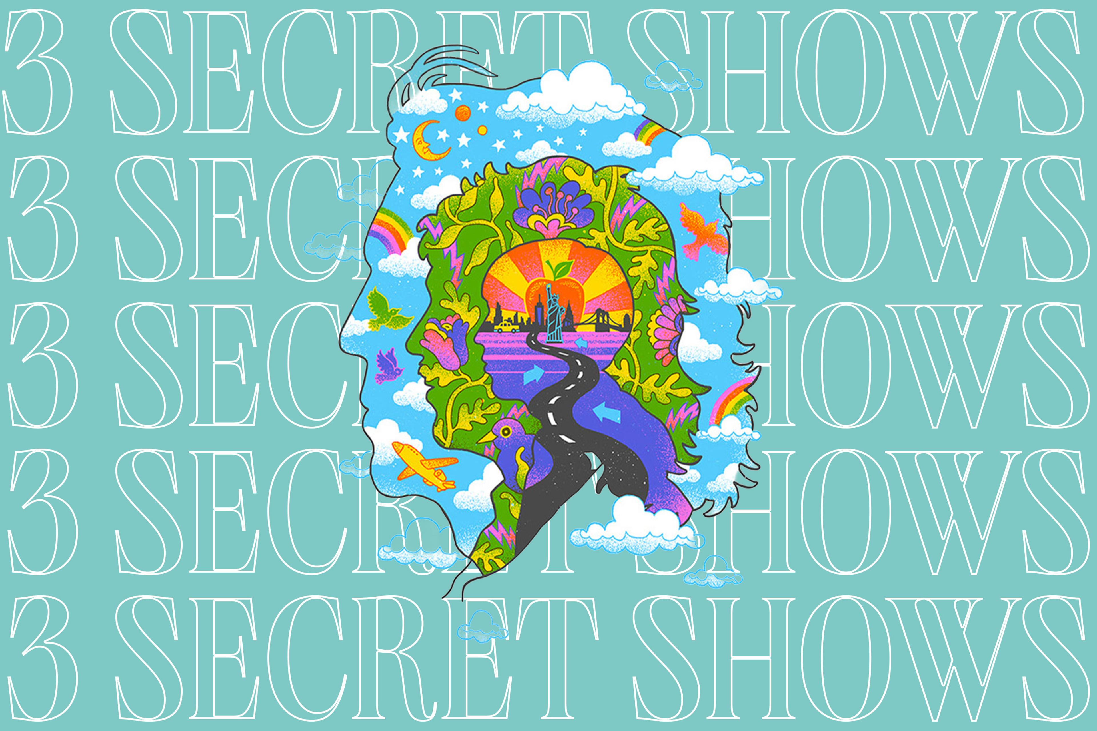 Graphic with the PAUL McCARTNEY ROCKS THE BOWERY poster, with “3 secret shows” repeated in the background.