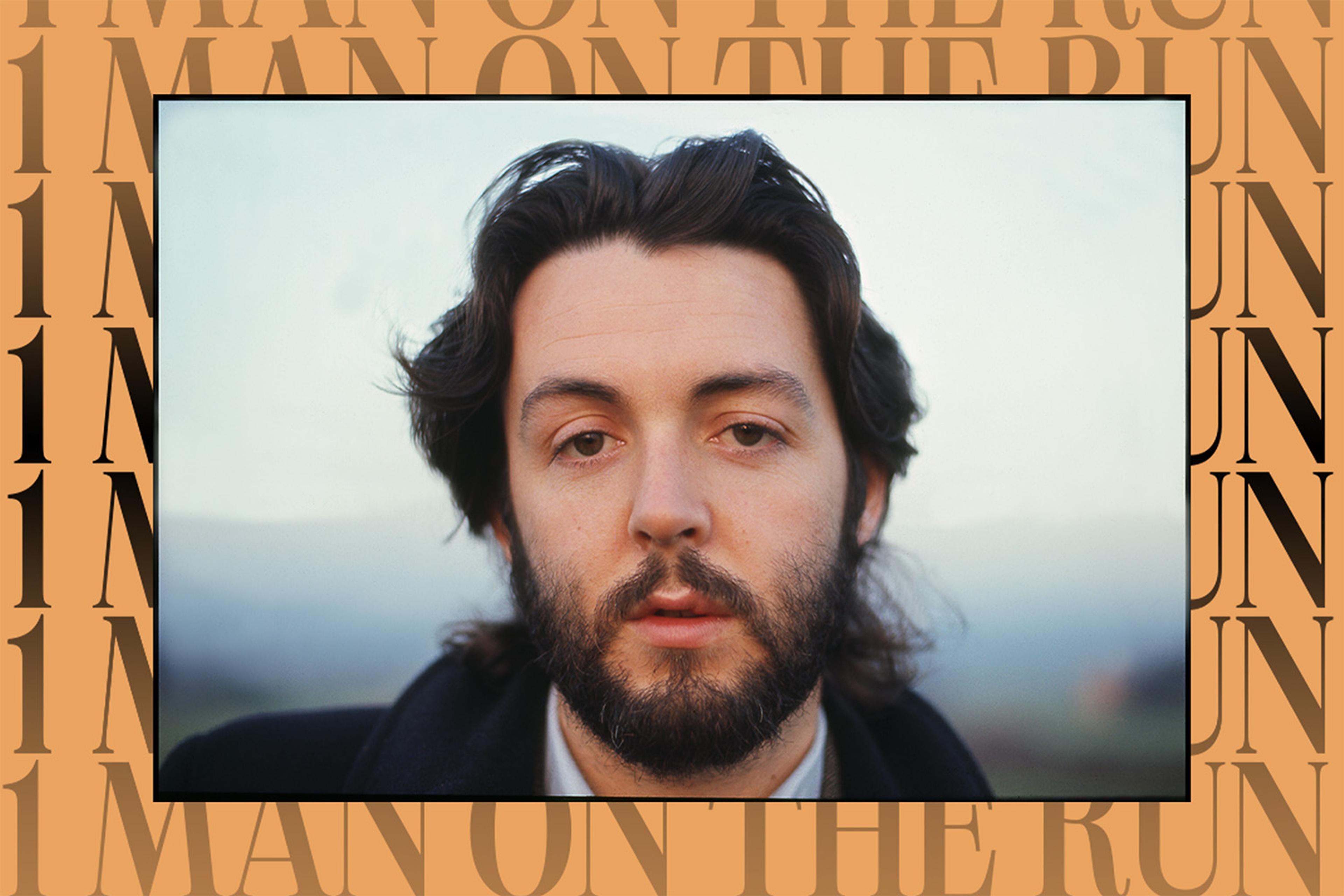 Graphic featuring a Linda McCartney photograph of Paul McCartney promoting the forthcoming Man on the Run documentary, with the phrase “1 Man on the run” repeated in the background.