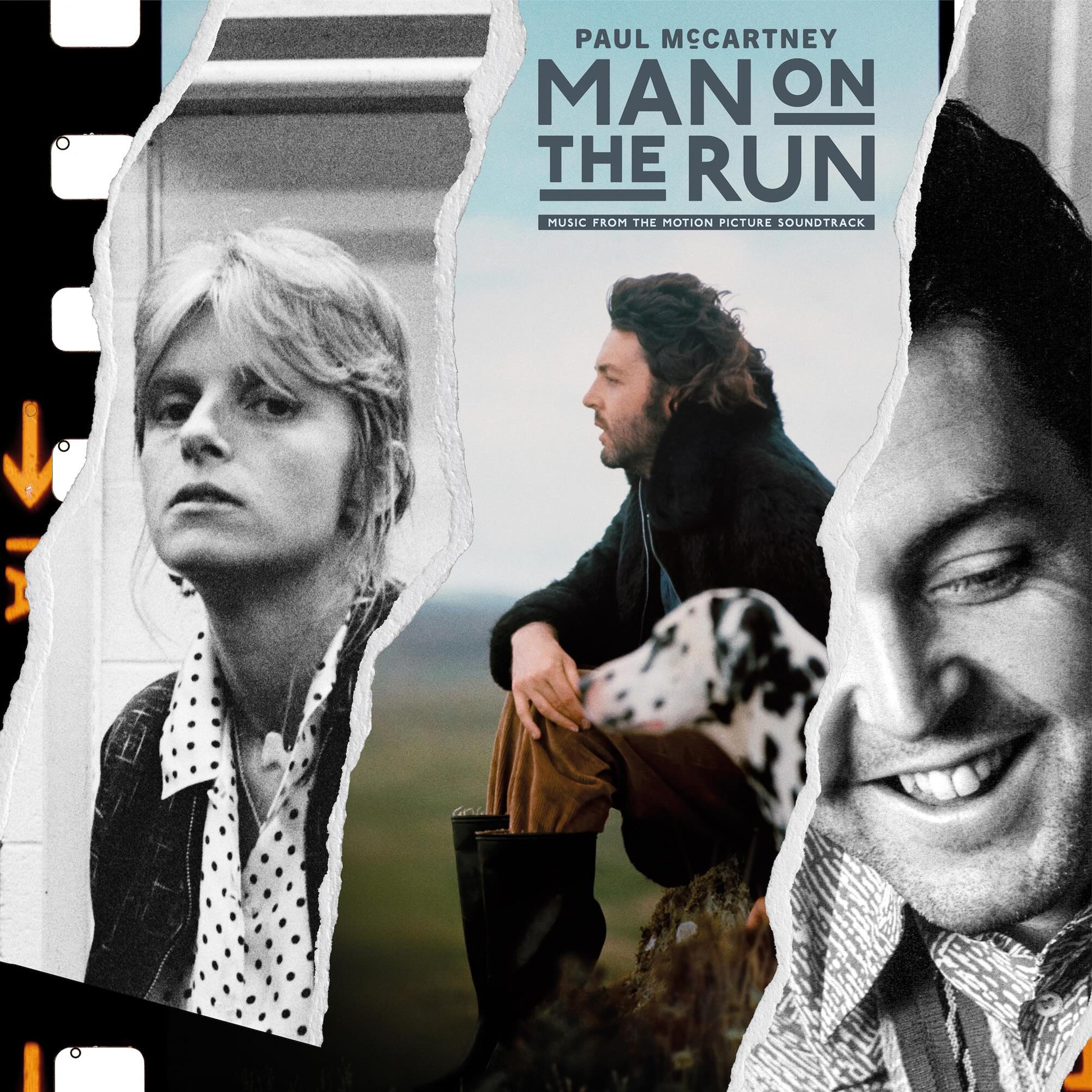 Man on the Run (Music from the Motion Picture Soundtrack) Album cover featuring ripped collage of photos of Paul McCartney and Linda McCartney