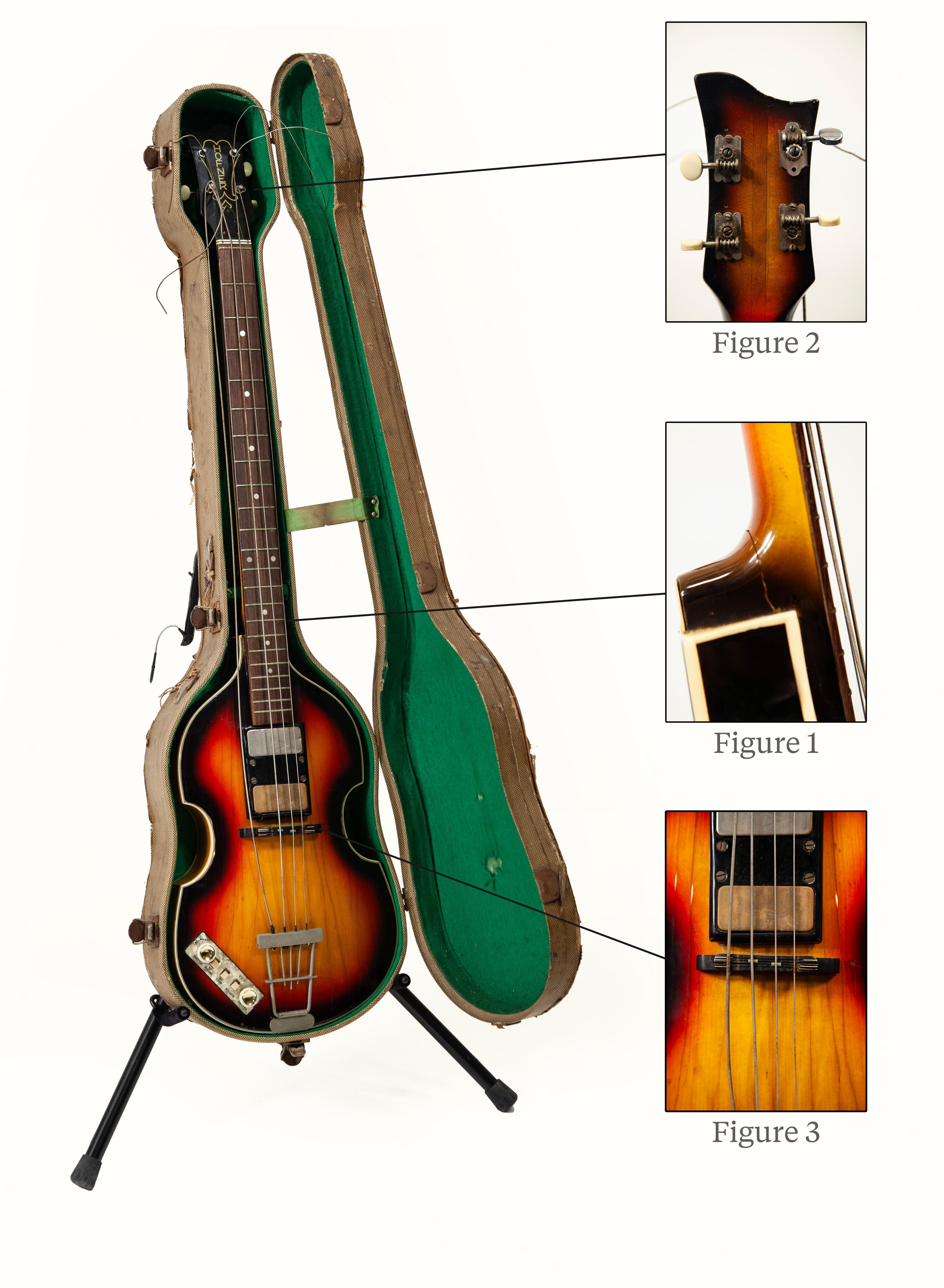 Photo of the 1961 Höfner Bass before restoration with highlights of the cracked and split neck, wrong machine heads and broken pick up.