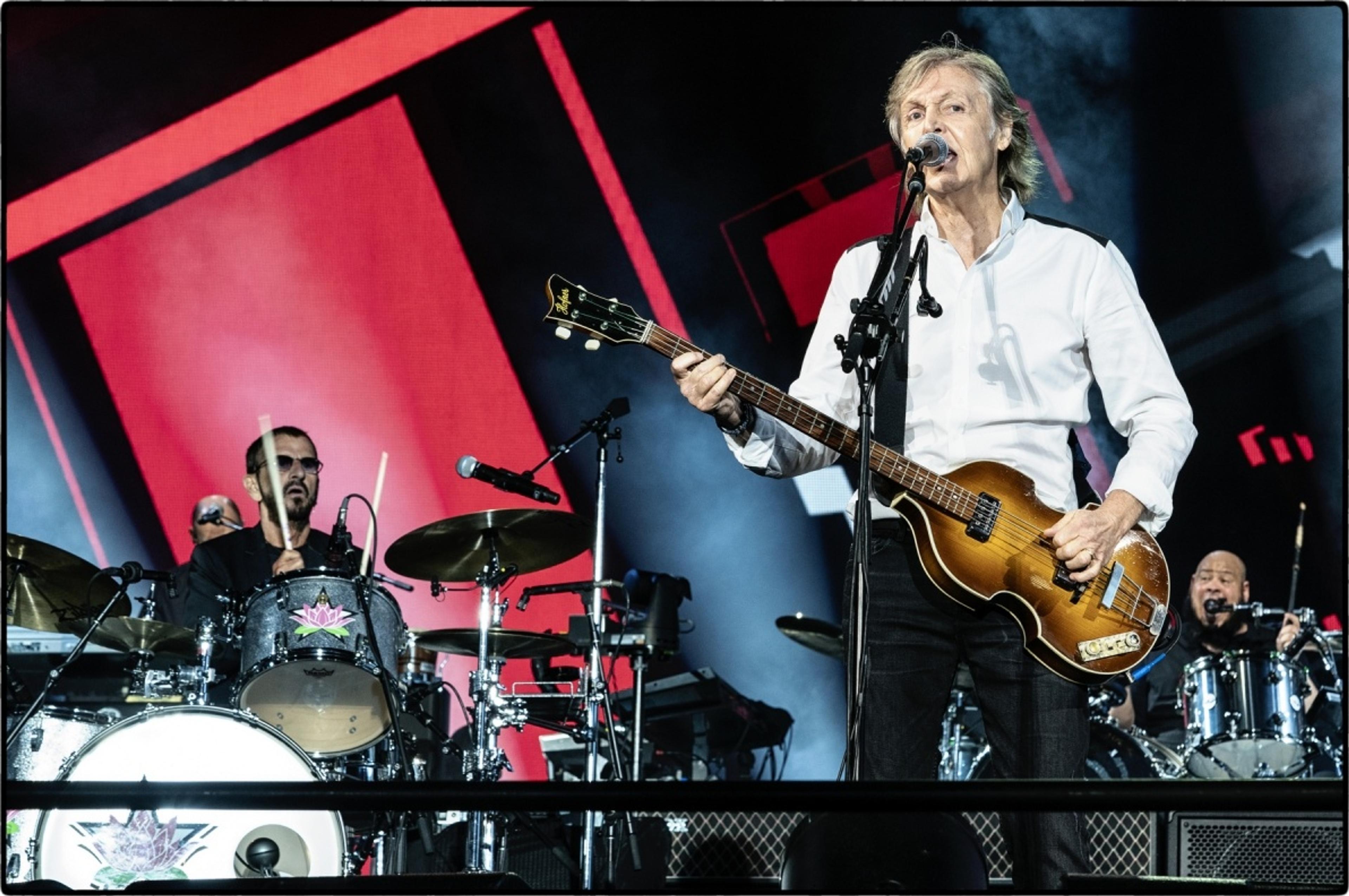 Paul is joined by Ringo Starr on stage at Dodger Stadium.