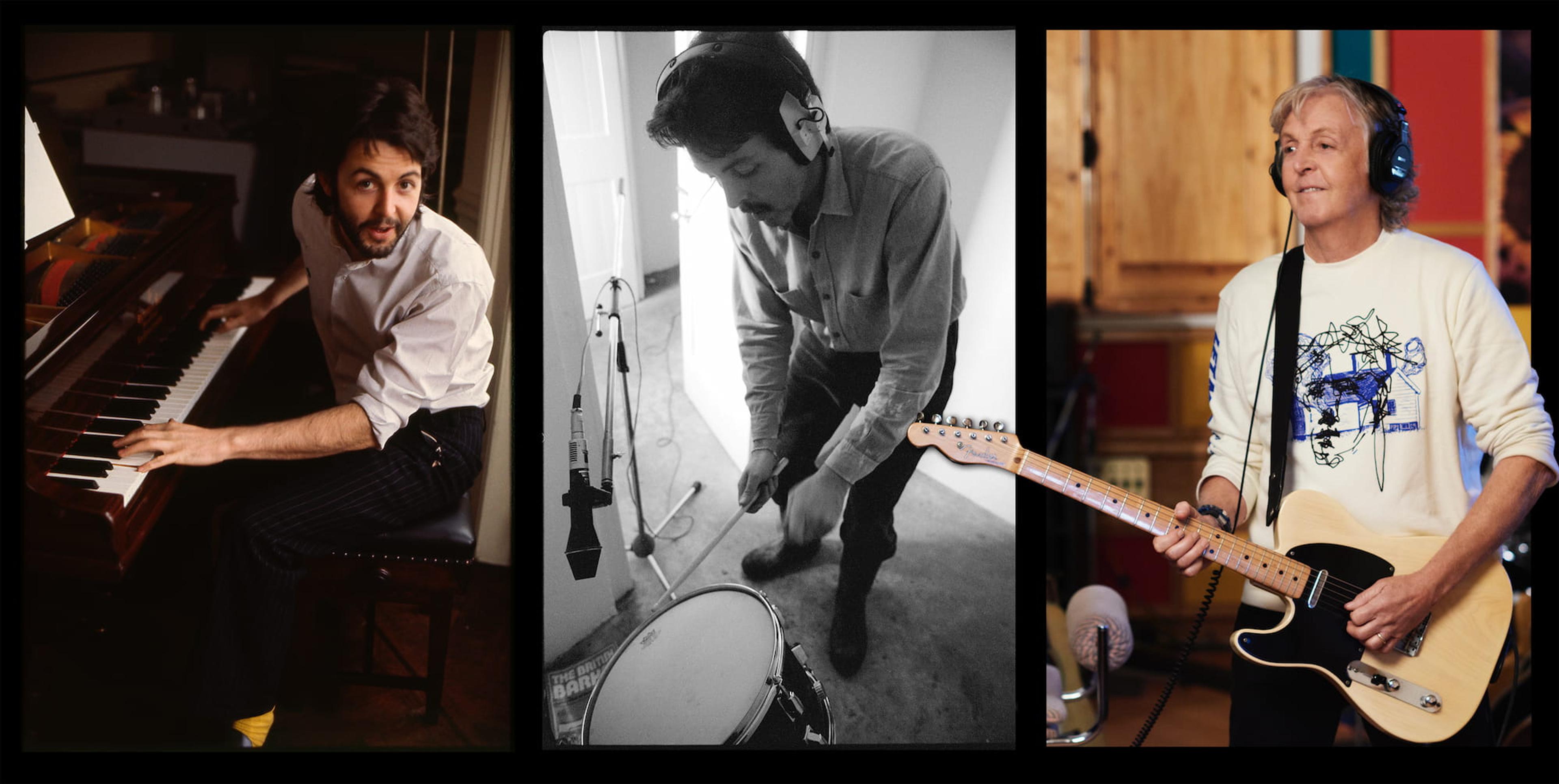 from left to right: Photo 1 is from 1970 showing Paul at the Piano. Photo 2 is Paul in the studio playing a drum recording McCartney II. Photo 3 is Paul in the studio playing guitar during the recording sessions for McCartney III