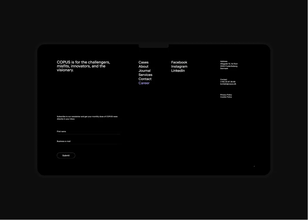 Website footer design for PR Agency COPUS