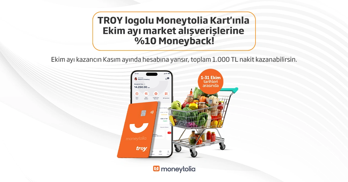 TROY logolu Moneytolia Kart'ınla Ekim ayı market alışverişlerine %10 Moneyback!