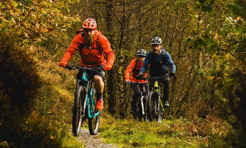 3 mountain bikers riding up a trail in autumn wales