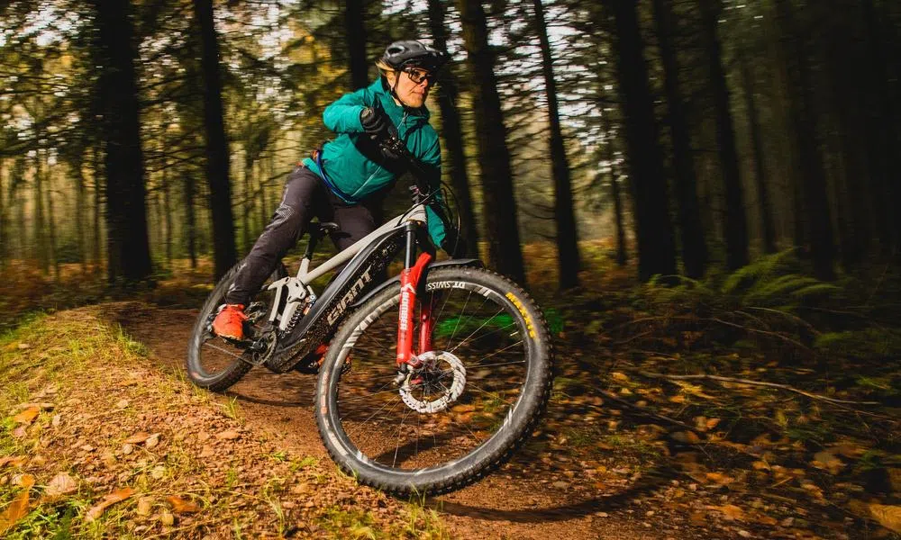 MTB rider wearing green riding in the woods