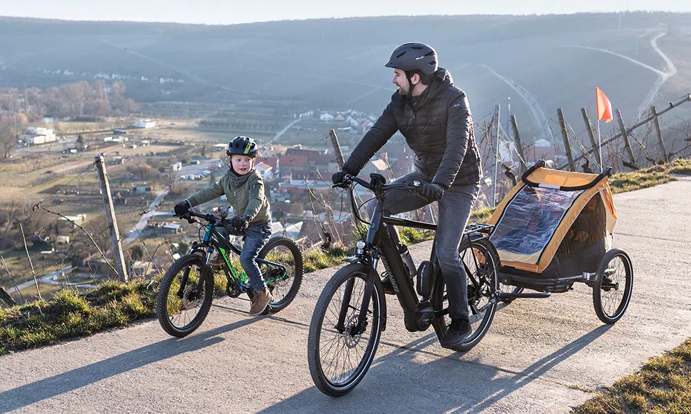 child adn man cycling towing a child trailer