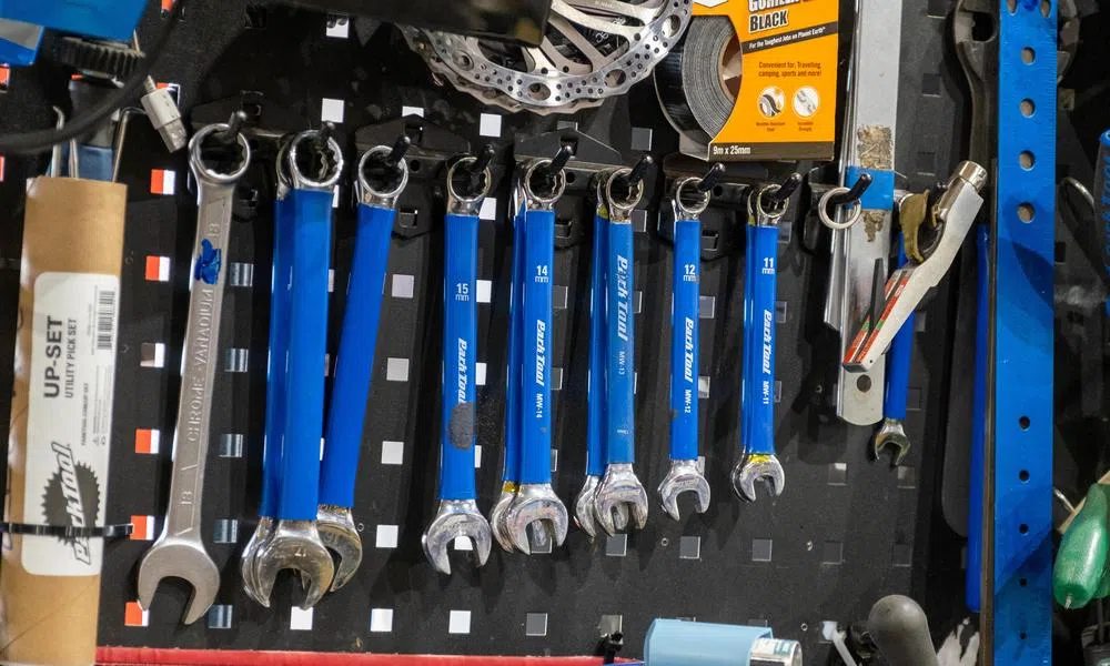 Park tool spanners on work bench