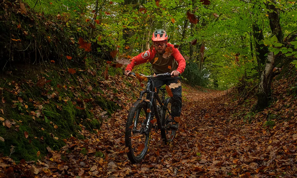 a mountain bike with black frame is ridden through autumn leaves