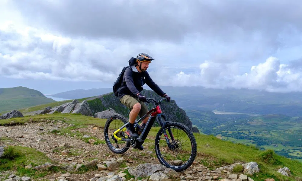 haibike electric mountain bike on top of mountain