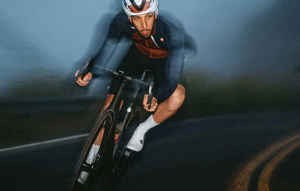 Cyclist riding a Cervelo bike on an evening ride