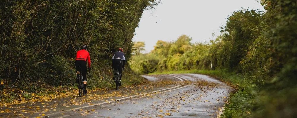 Road riders climbing through fallen leaves