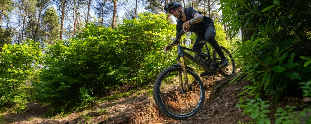 Riding a mountain bike downhill on a rough track in the woods on a sunny day with fox forks and a norco frame