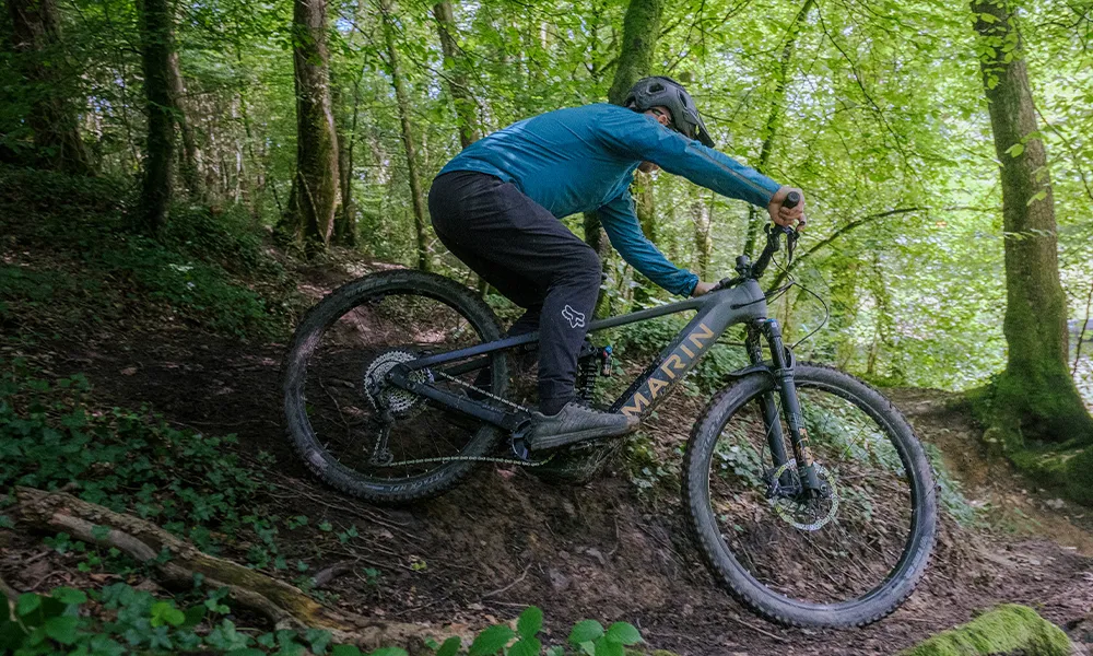 rider descending in clyne on a marin