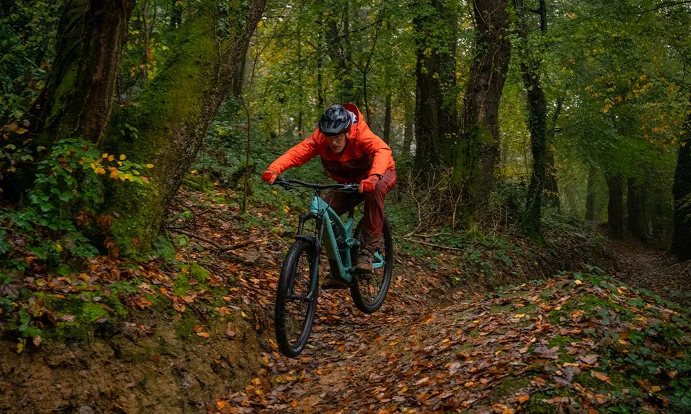 an electric mountain bike rides down hill