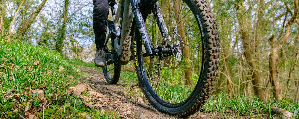 a mountain bike tyre rides past close up