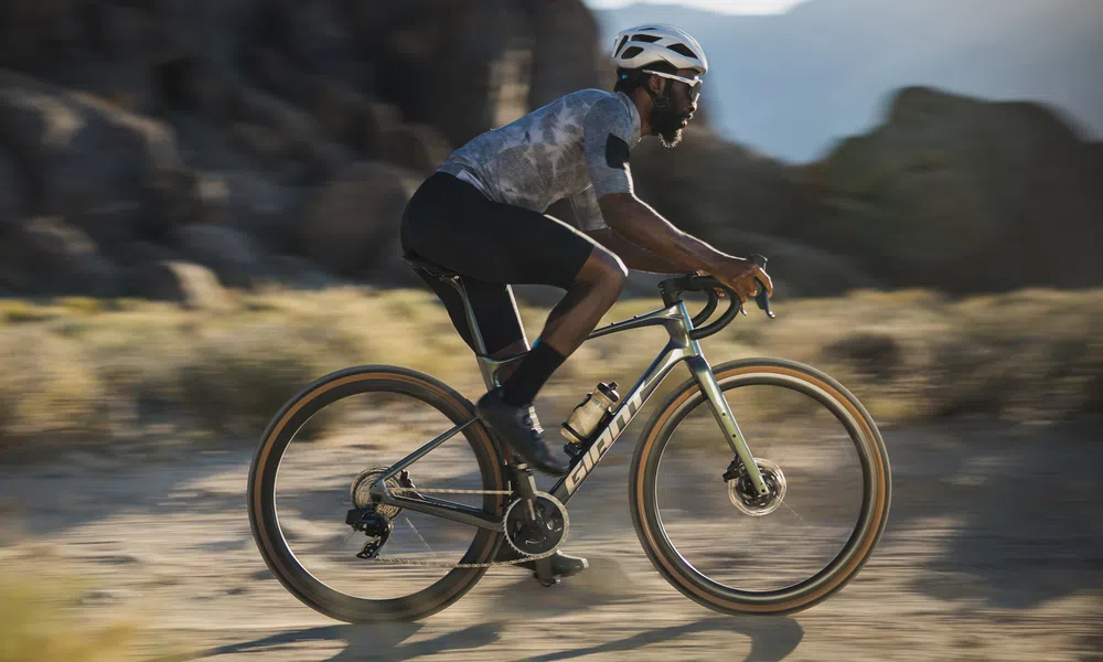 A Giant gravel bike is ridden through the desert