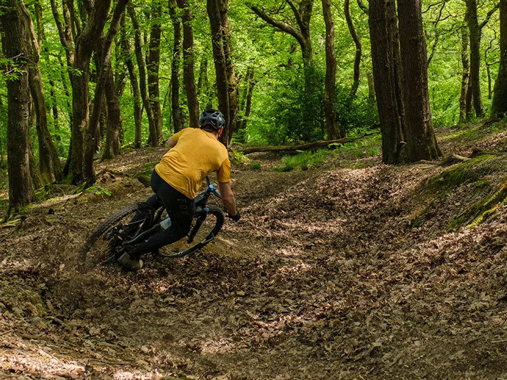 a mountain bike skids through some leaves