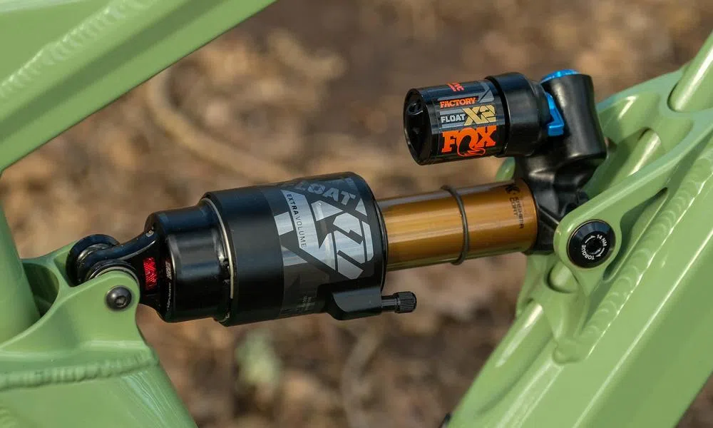 detail of mountain bike showing fox X2 factory shock