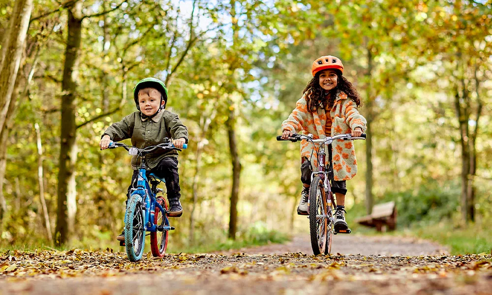 Two kids riding bikes on an autumn day