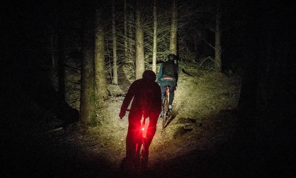 Gravel riders cycling at night in the woods with front and rear lights