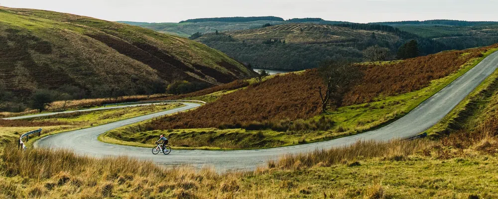 riding a winding road on a cold winter day in teh Welsh hills