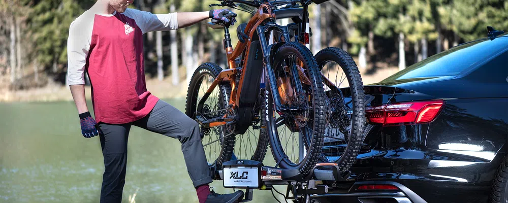 e-bikes on a car tow hitch bike rack