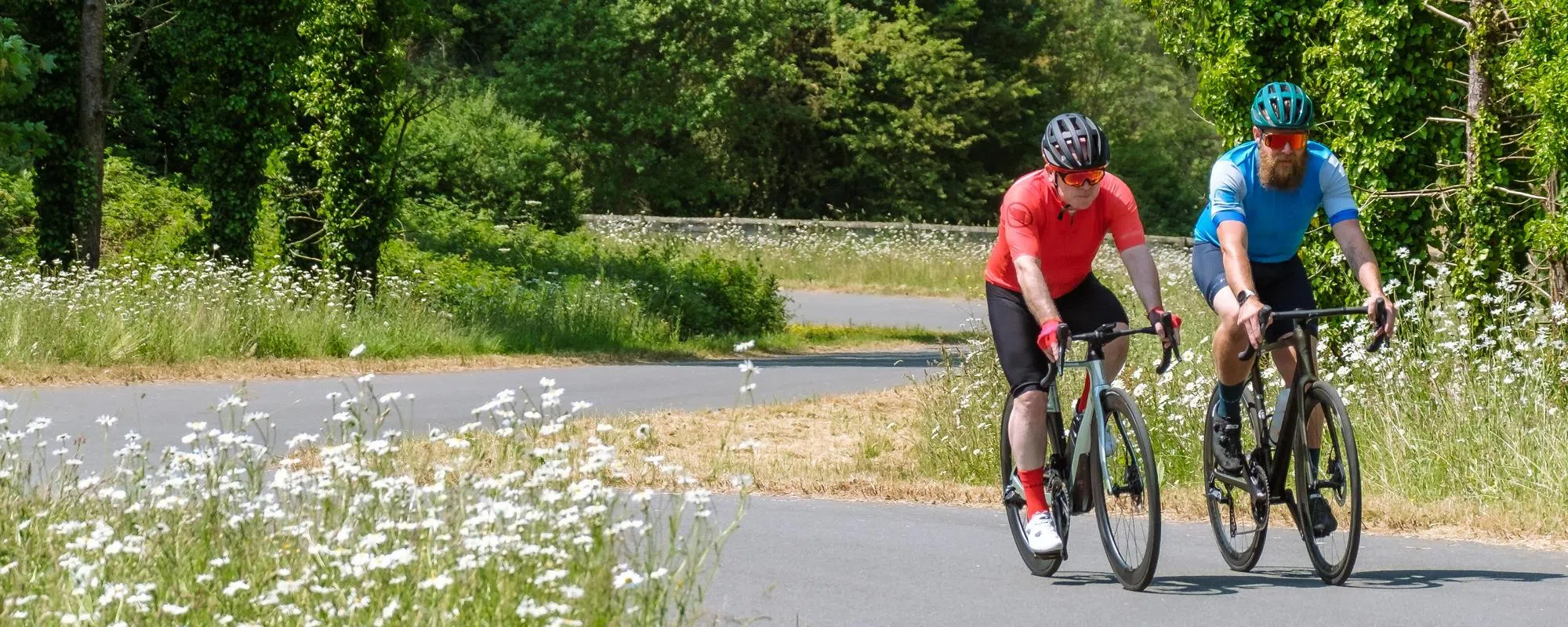 two road cyclists ridinng past flowers at the side of the road