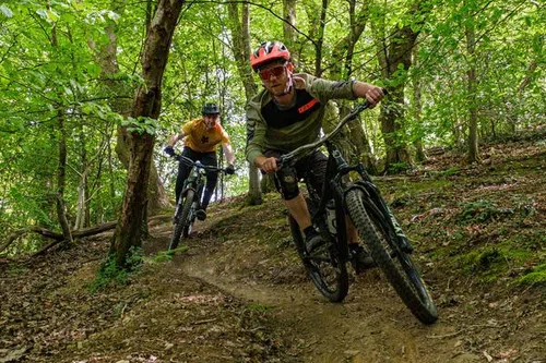 two mountain bikers on trail in the woods