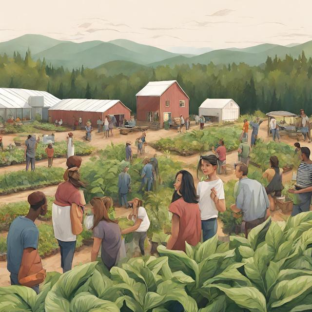 an illustration of people mingling among city farms and barn structures for the vertical farming blog
