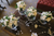 White rose bouquets on wooden table 