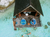 Wooden cabin over a tropical turquoise sea. A pair of kayaks are on the cabin deck