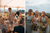 A collage of images, showing groom talking with guests and bride enjoying drinks with her bridesmaids