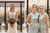 A collage of two images, showing a bride in lace dress and rustic bouquet standing next to bridesmaids wearing mint dresses