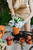 female potting plants into orange ceramic pots 