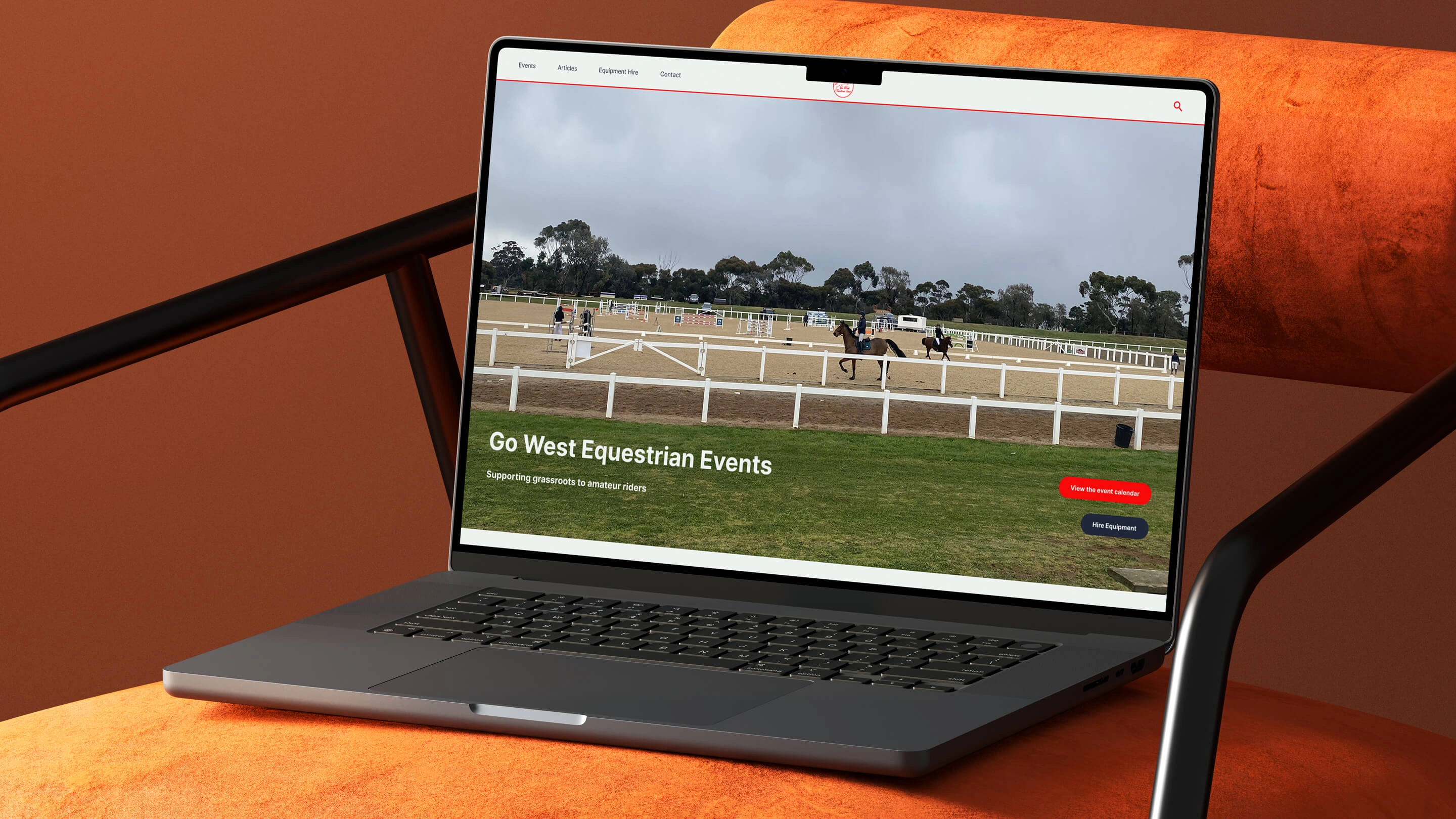 A laptop displaying the Go West Equestrian Events home page
