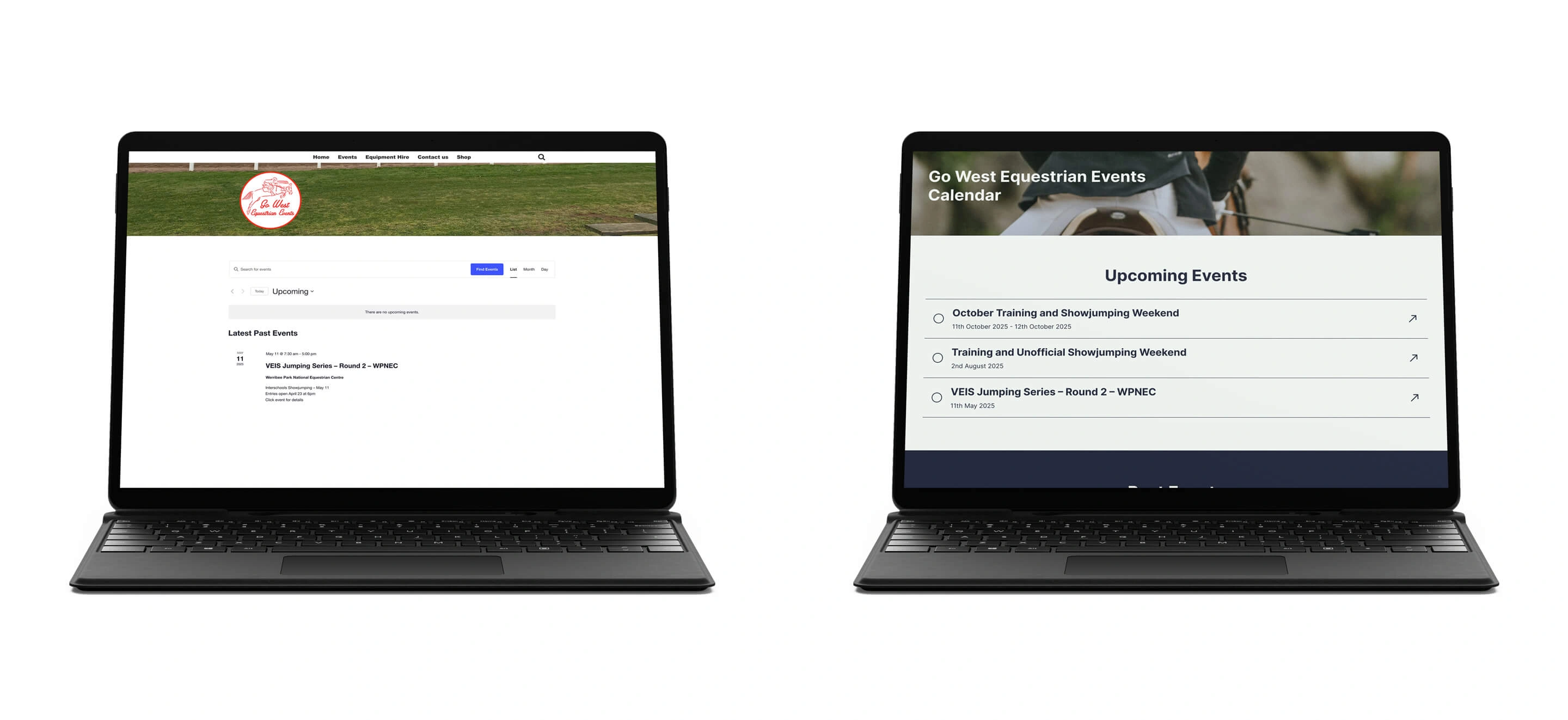 Two laptops displaying the old and new versions of the Go West Equestrian Events website calendar page