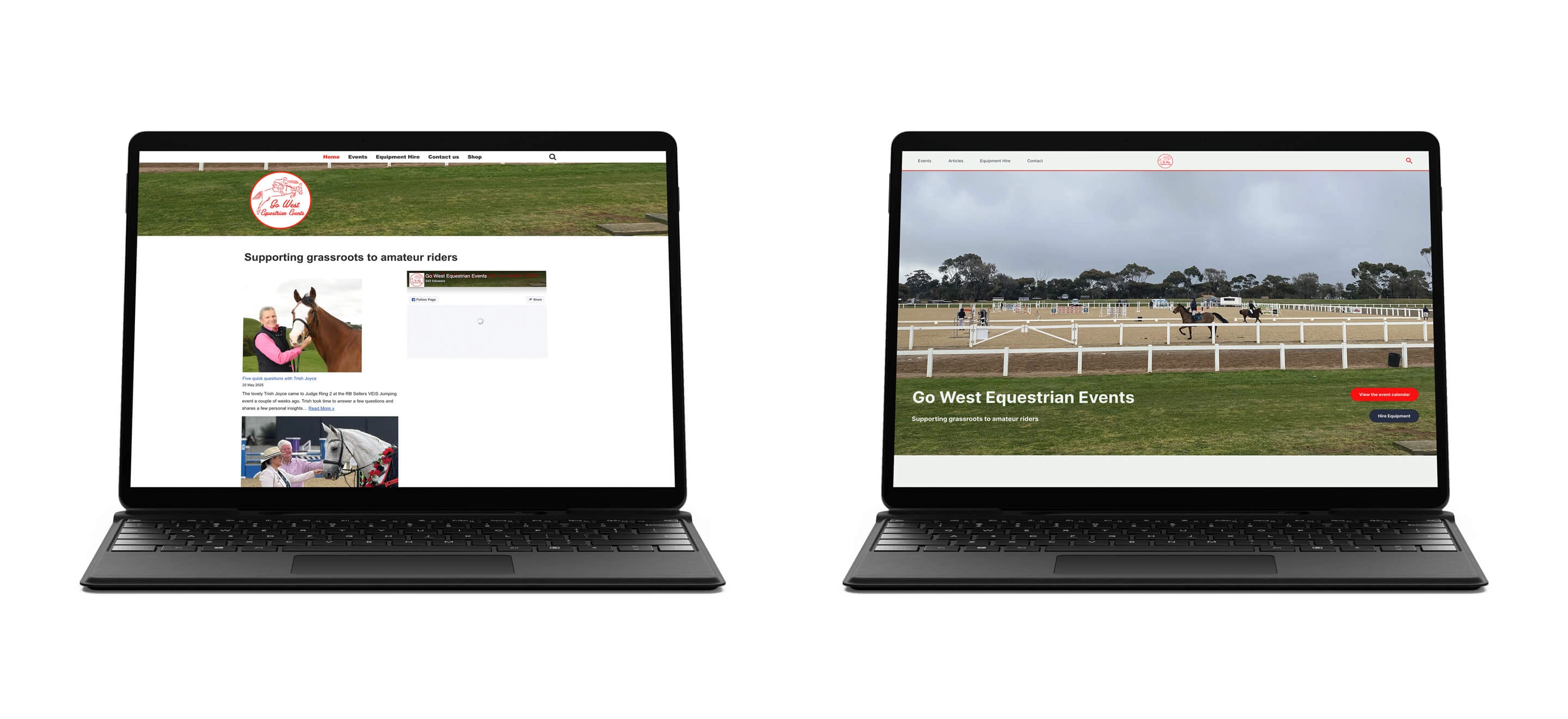 Two laptops displaying the old and new versions of the Go West Equestrian Events website home page