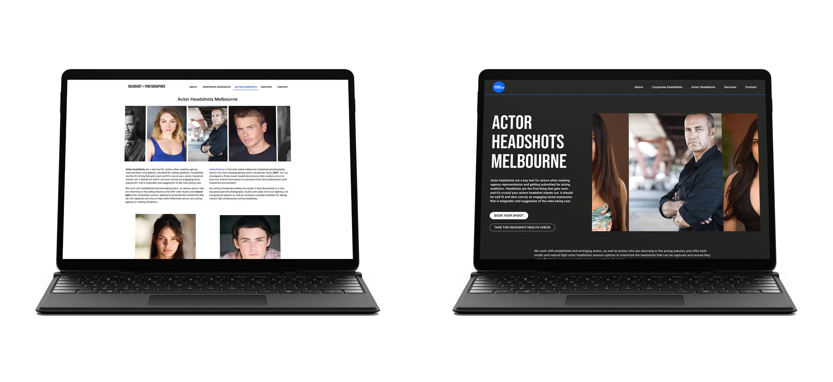 Two laptops displaying the old and new versions of the Headshot Photographer actor headshots service page