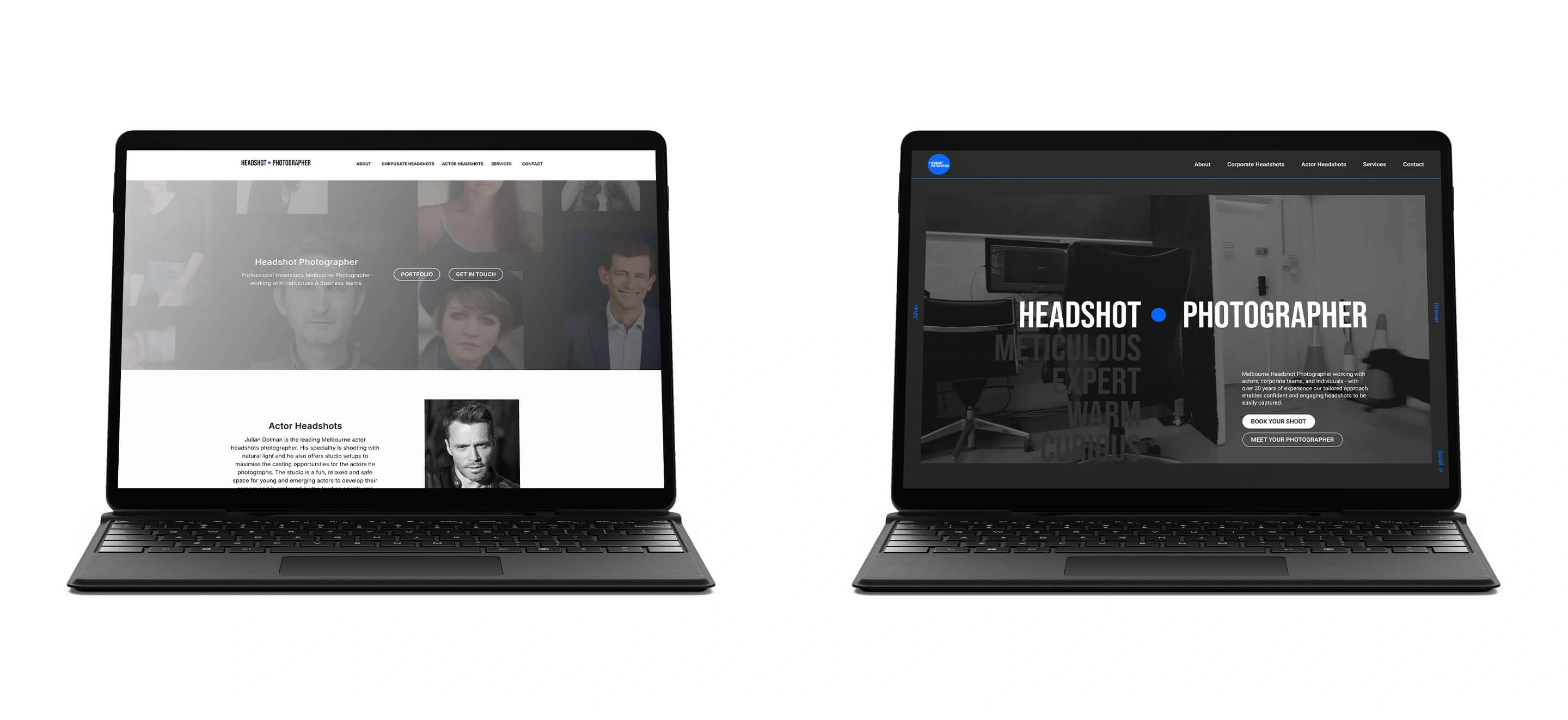Two laptops displaying the old and new versions of the Headshot Photographer home page