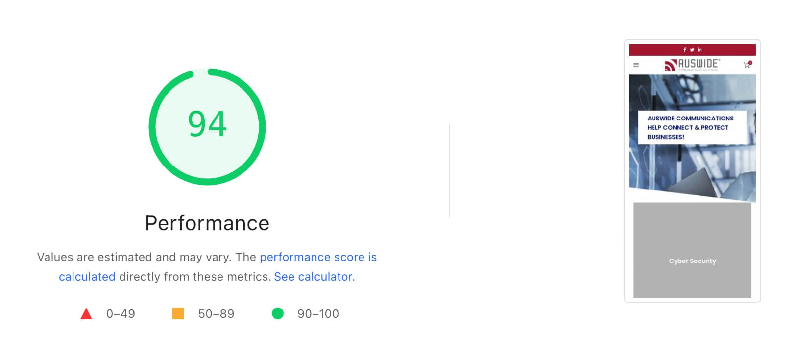 A screenshot of the mobile performance score for the Auswide Communications website