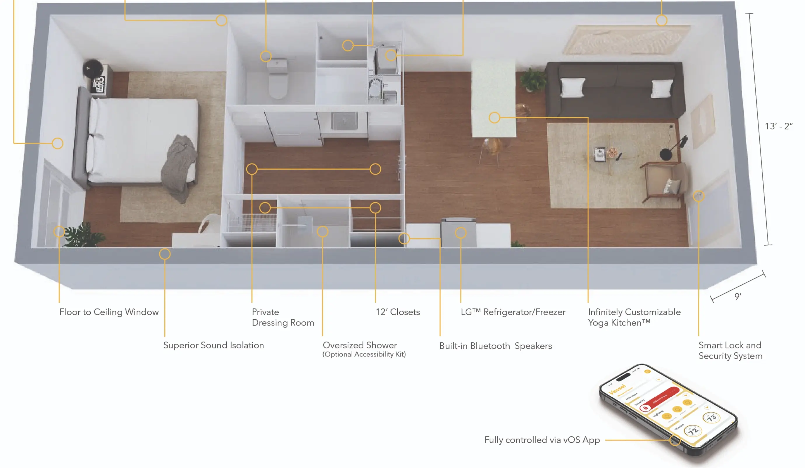 The app was designed to be fully provisioned and configured through a remote server, something particularly important for a Smart Home and to the client’s goals. Once the core functionality of provisioning, connecting and controlling accounts and devices of the multiple IoT protocols was achieved we focused on the user facing features. All automation systems were implemented in the app and its states synced. Examples include the alarm system, circadian lighting, dimming, climate and air quality control, etc.