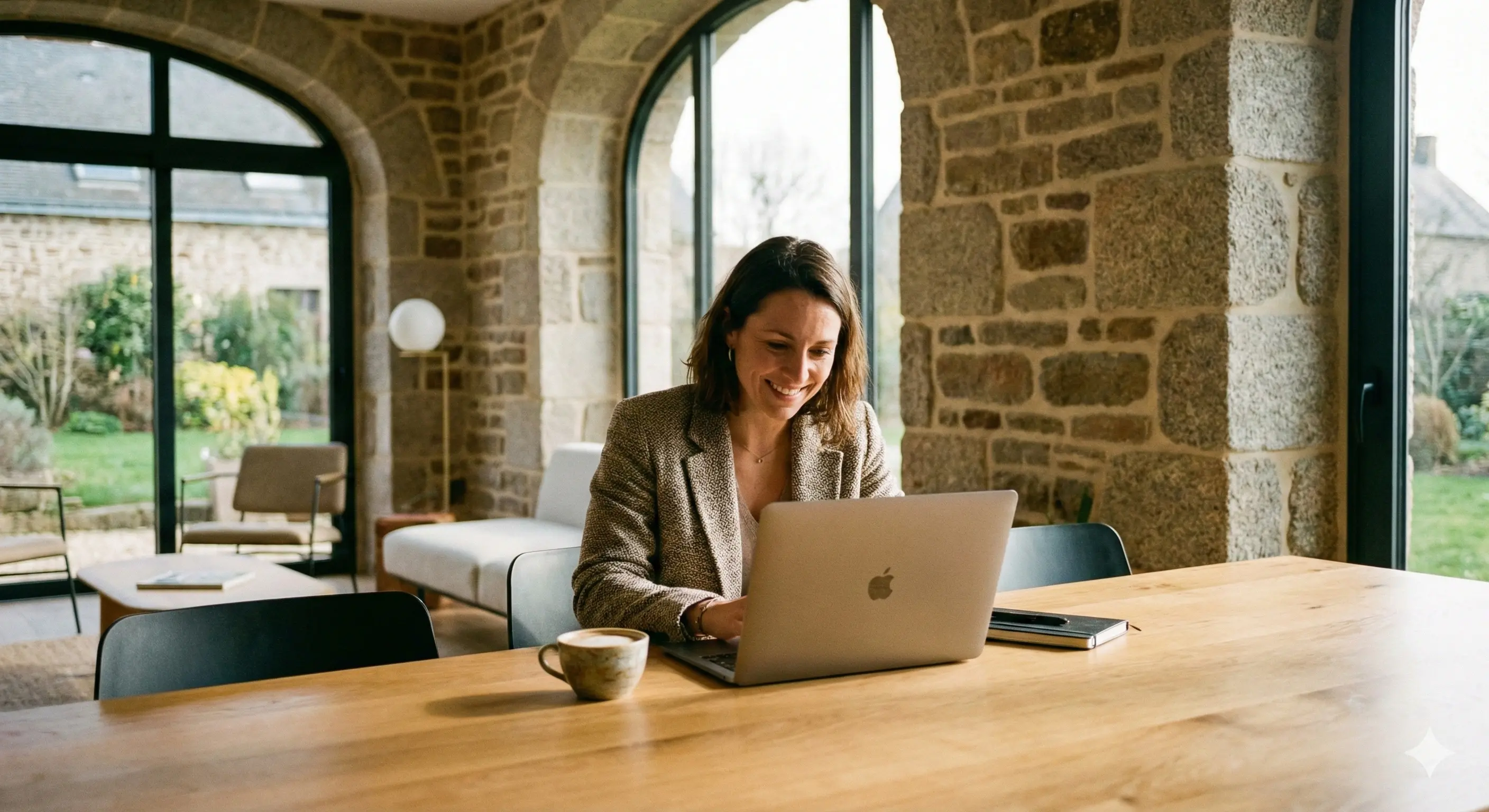 Photo d'une femme qui travaille sereinement sur son ordinateur portable