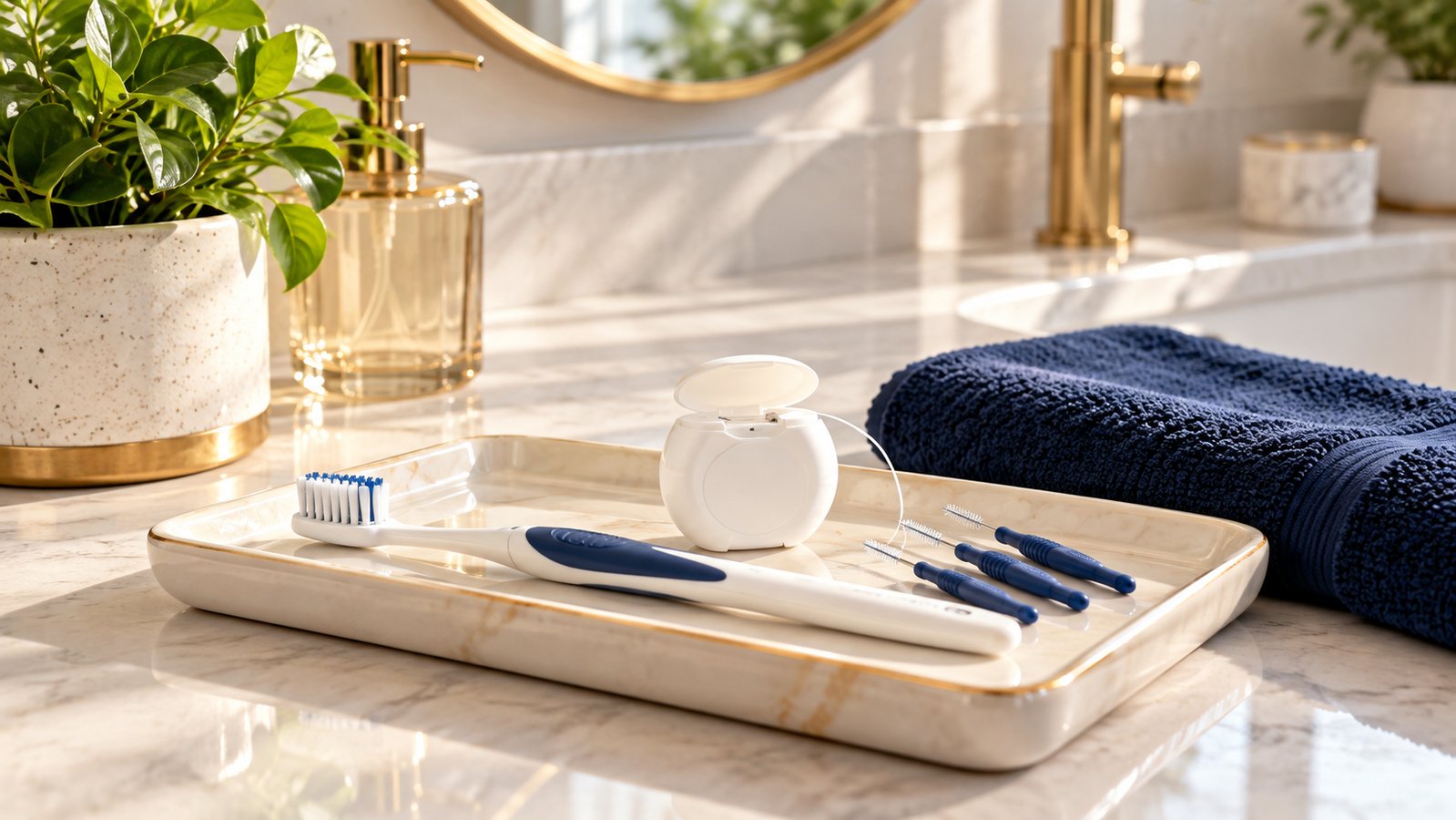 Toothbrush, dental floss and interdental brushes for daily oral care.